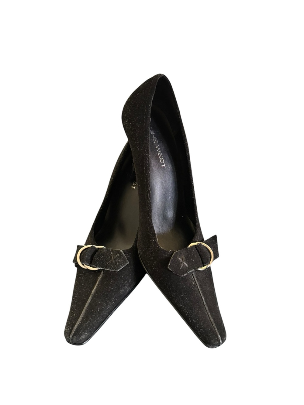 Nine West Single Buckle Pointy Toe Kitten Heel Sz 6M Black Suede Career Business